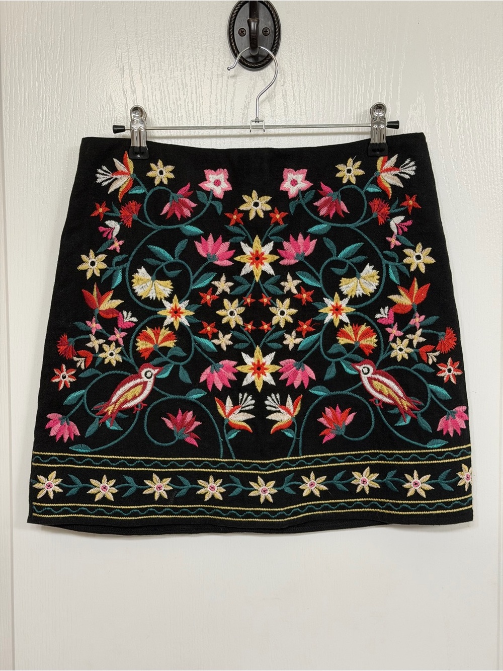 Umgee Black Mini Skirt with Colorful Floral & Bird Embroidery
